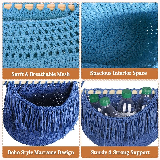 4 Tier Hanging Fruit Basket for Kitchen, 4 Pack Detachable Cotton Crocheted Wall Hanging Basket Over Door Organizer for Fruit Veggie Plant, Hanging Shelves for Bedroom Bathroom (Mixed Color)