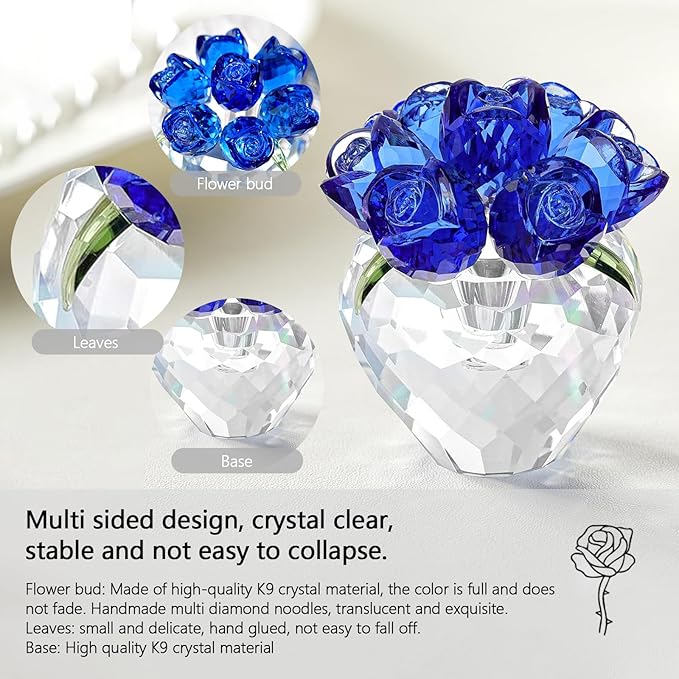 Crystal Flower Figurines - Glass Rose Home Decor - Flower Bouquet for Ladies Gifts(Blue)