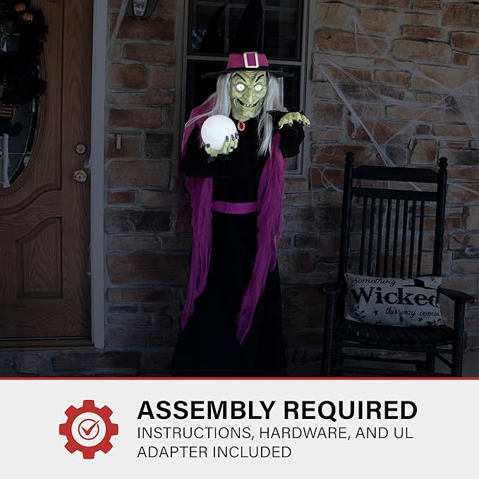 Haunted Hill Farm 6-Ft. Tall Fortune Teller Witch, Plug-in Motion-Activated Talking Scare Prop Halloween Animatronic for Indoor or Covered Outdoor Creepy Decorations