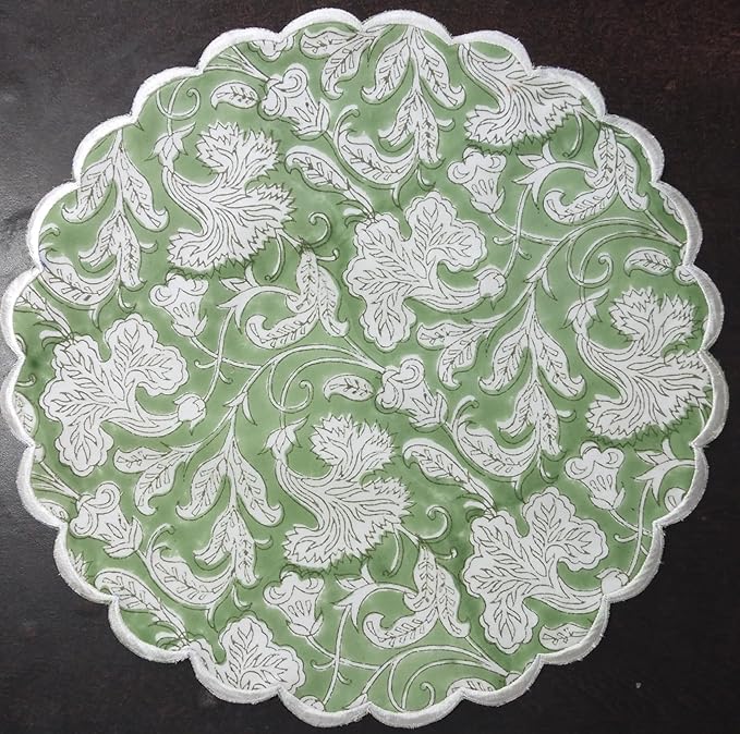 Ridhi Bo-ho Round Place Mat Double Layer Floral Cotton Washable Placemats 15" Round Embroidery Block Print Table Mat (Pack of 4-15 Inch Round, Sage Green)