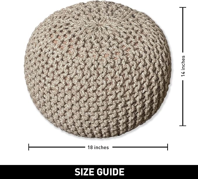 Chardin home- Crochet Beige-Ivory Pouf - Cozy & Bohemian, Recycled Cotton, Hand Crafted Casual Seating/Ottoman for Home, Office, Bedroom, 18"x18"x14".