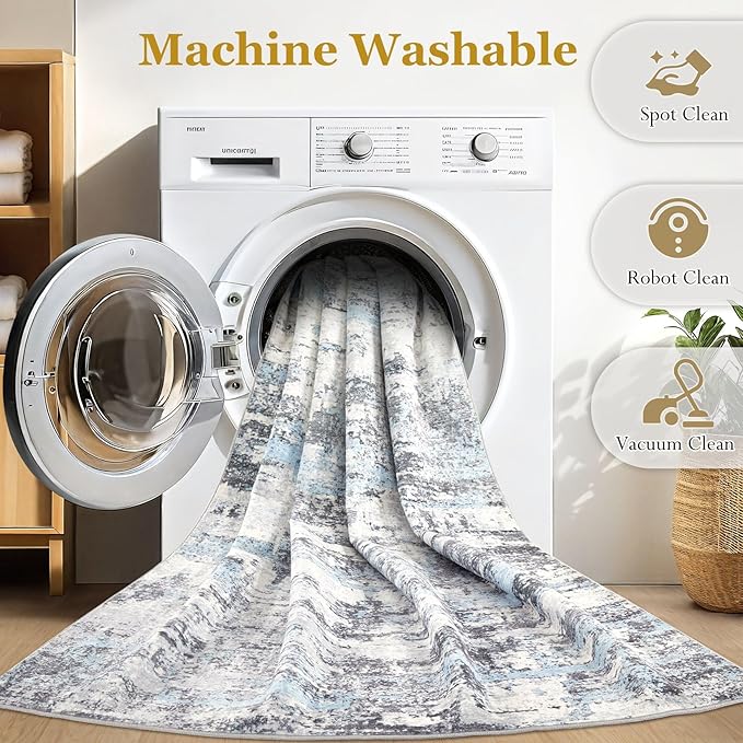Area Rugs for Living Room: 8x10 Abstract Washable Rug Modern Neutral Large Soft Stain Resistant Non-Slip Backing Machine Table for Bedroom Dining Room Indoor Home Office Carpet - Blue Grey