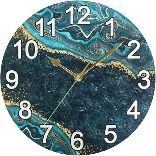 Turquoise Blue Marble Gold Veins Wall Clock Non Ticking Silent Kitchen Clock Large Battery Operated Clocks 10 inch for Living Room Bedroom Decor