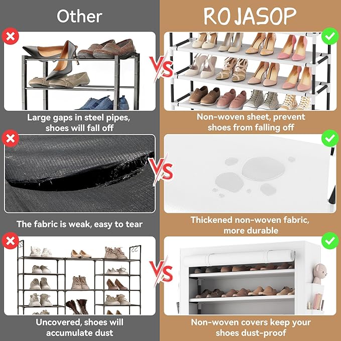 ROJASOP Shoe Rack with Covers 10 Tier Large Shoe Organizer Tall Shoe Closet Storage for 50-55 Pairs Shoe and Boot, Free Standing Shoe Rack Organizer for Closet, Entryway, Bedroom, White