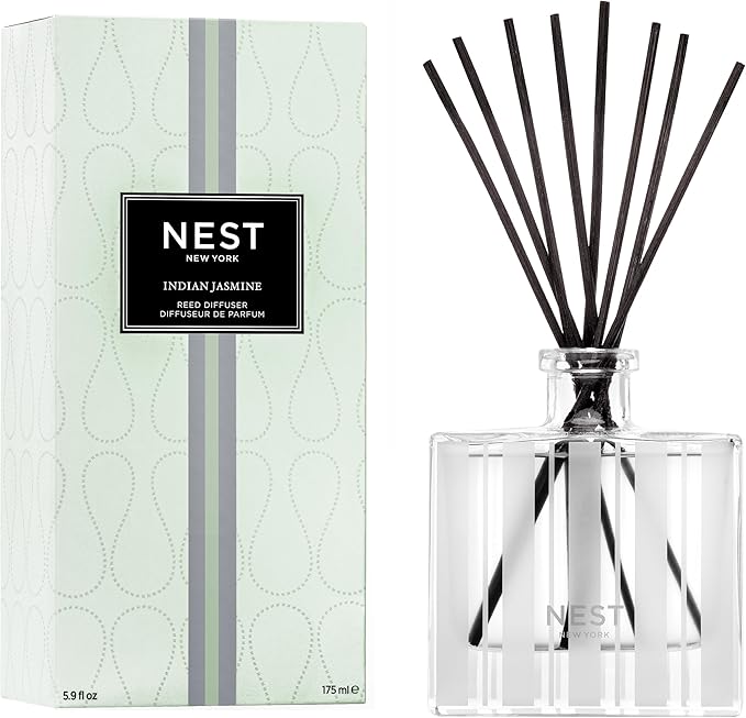 NEST New York Reed Diffuser, Indian Jasmine - 5.9 fl oz - Fragrance for Up to 90 Days - Reusable, Refillable Glass Holder - Includes 8 All-Natural Reed Sticks - Flame Free