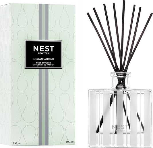 NEST New York Reed Diffuser, Indian Jasmine - 5.9 fl oz - Fragrance for Up to 90 Days - Reusable, Refillable Glass Holder - Includes 8 All-Natural Reed Sticks - Flame Free