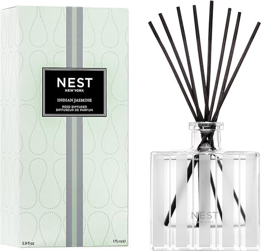 NEST New York Reed Diffuser, Indian Jasmine - 5.9 fl oz - Fragrance for Up to 90 Days - Reusable, Refillable Glass Holder - Includes 8 All-Natural Reed Sticks - Flame Free