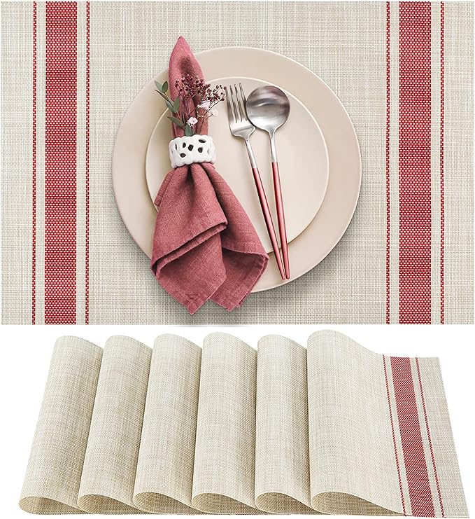 DACHUI Placemats Set of 6, Soft & Elegant Woven Vinyl Place Mats, Water Resistant, Heat Resistant, Washable, Durable Table Mats (Red Stripes)