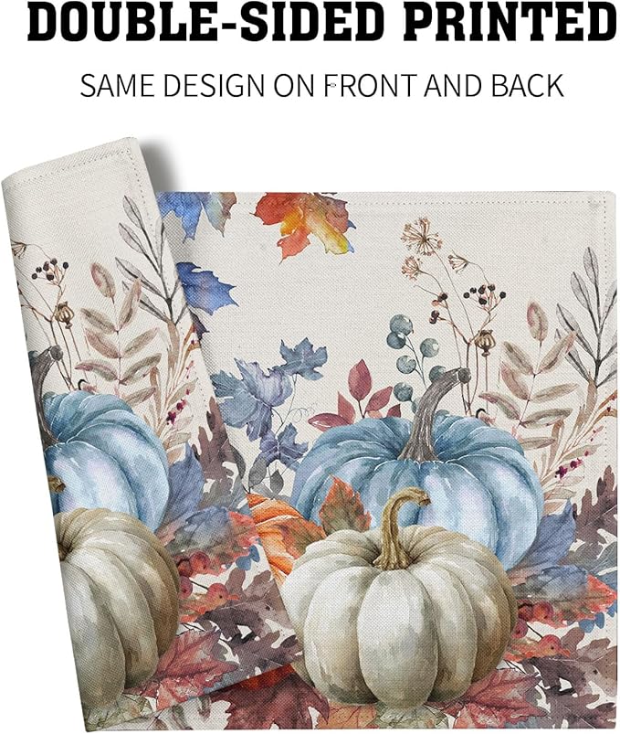 Fall Placemats Set of 4, 12 x 18 Inch Blue and Orange Pumpkin Fall Maple Leaves Washable Heat Resistant Rectangle Place Mat Thanksgiving Decor Table Mats for Seasonal Kitchen Dining