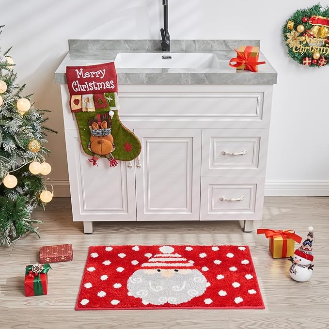Douceur Christmas Santa Bathroom Rugs, Cute Red Bath Mat, Christmas Bathroom D cor Non Slip Bath Rugs, Soft and Absorbent Washable Rugs 24"X16"