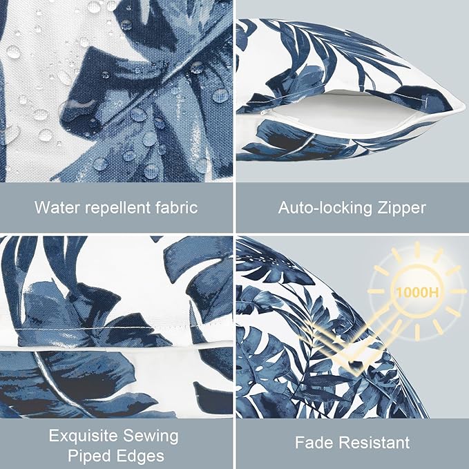 LVTXIII Outdoor Throw Pillow Covers Set of 2, Patio Waterproof Pillow Cases Fade Resistant Accent Pillow Covers for Home and Garden Furniture Decoration, 16x16, Palms Blue
