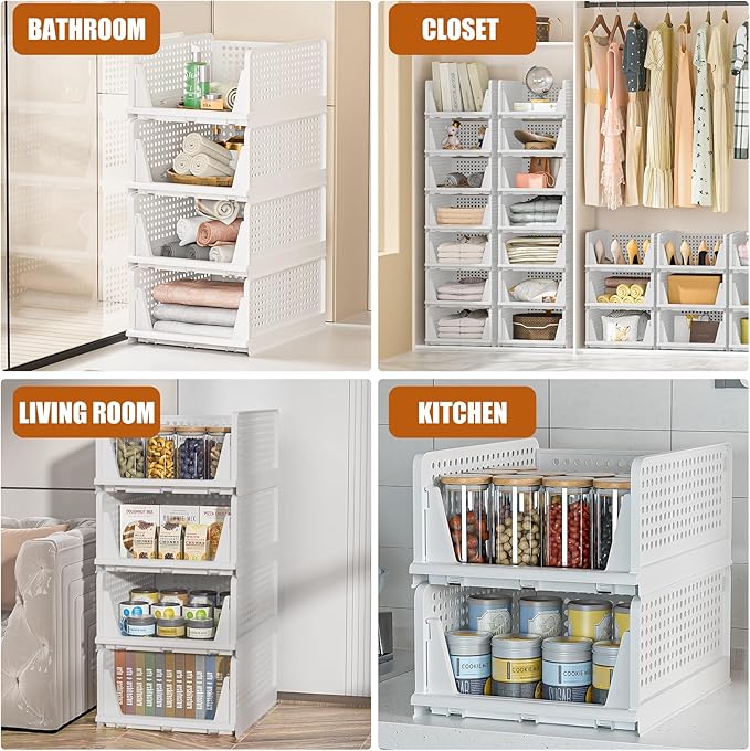 Neprock Stackable Plastic Storage Drawers for Closet Organizers and Storage,4 Pack Open Storage Bins Closet Shelf Clothes Organizer for Closet Wardrobe(4L)
