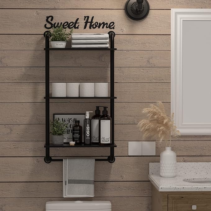 Rustic Farmhouse 3-Tier Wall Mounted Pipe Shelves, Industrial Floating Shelf Decor for Bathroom, Kitchen, Bedroom, Living Room - 17.3in Black