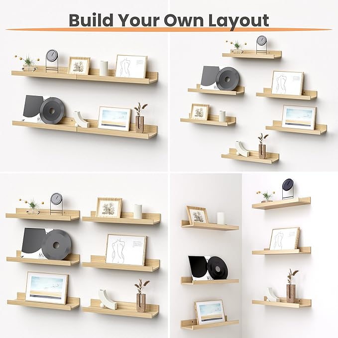 upsimples Floating Shelves for Wall, Wall Shelves for Decor Storage Set of 6, Wall Mounted Wood Shelves for Bedroom, Living Room, Bathroom, Kitchen, Picture Ledge Shelves, Natural