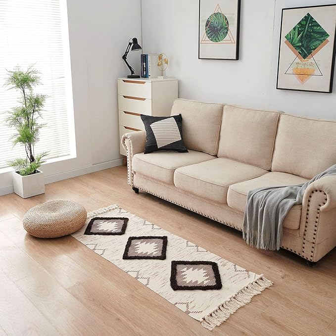 Boho Runner Rug 2'x5', Washable Hallway Rug Runner Non Slip Rubber Backed, Kitchen Farmhouse Area Rug Floor Mat with Tassels, Tufted Woven Cotton Entryway Carpet, Brown