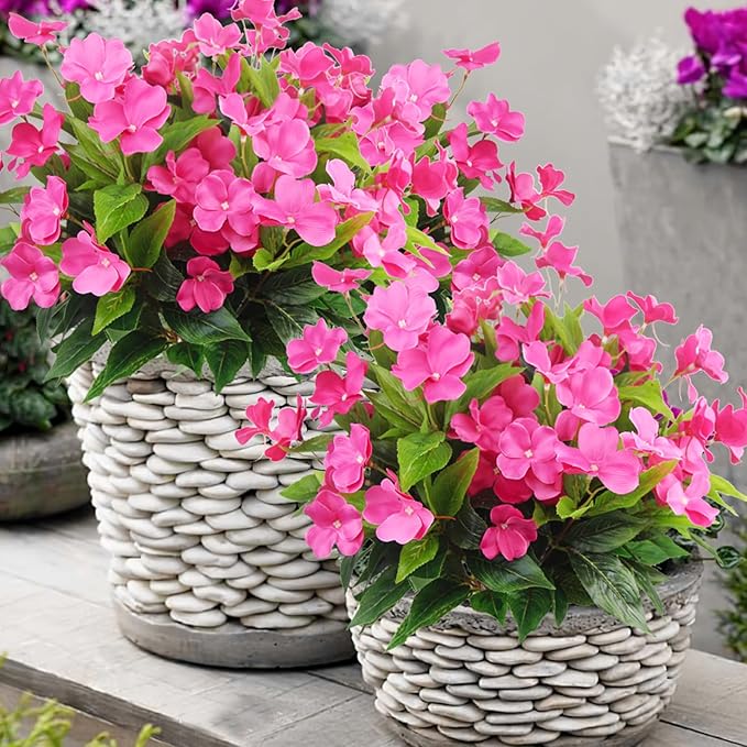 4 Pcs Artificial Flowers Outdoor Impatiens UV Resistant Silk Impatiens Flowers Rose Red Faux Flowers Impatiens Bushes Artificial Impatiens for Pot Patio Lawn Garden Hanging Basket Porch Decor