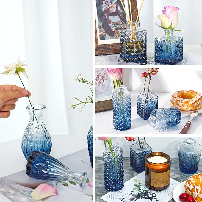 Fixwal 36 Blue Bud Vases Glass Bud Vase Set, Small Vases for Flowers, Bud Vases for Centerpieces Mini Flower Vases in Bulk for Rustic Wedding Decorations Vintage Look Home Table Decor (Blue)