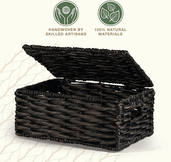 Wicker Basket with Lid - Decorative Storage Boxes for Home Decor, Shelves - Woven Basket with Lid - Wicker Decor - Rattan Box - Decorative Bins with Lids (Black)