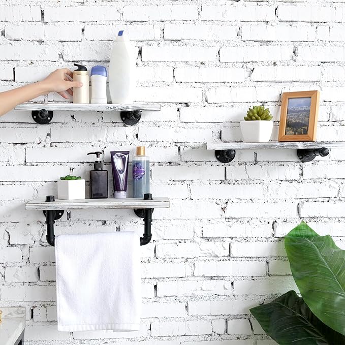 MyGift Wall Mounted White Washed Solid Wood Floating Shelf Organizer, 3 Piece Set Mounted Bathroom Display Shelf with Towel Bar and Industrial Metal Pipe Brackets