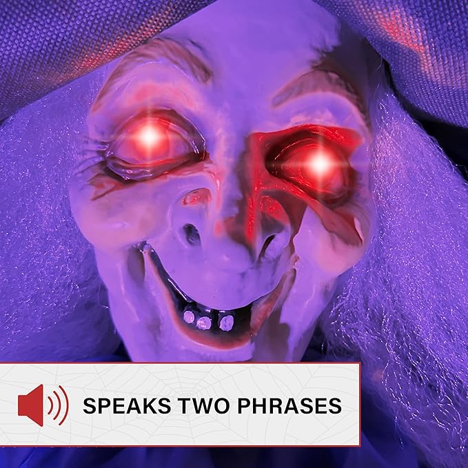 Haunted Hill Farm Lifesize Animatronic Scary Talking Witch with Touch Activated Lights and Sound, Battery-Operated Indoor or Covered Outdoor Halloween Decoration