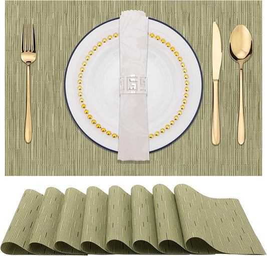 Winknowl Placemats Set of 8, Washable Vinyl Woven Place Mats Indoor and Outdoor Heat Stain and Water Resistant Elegant Plastic Table Mats for Kitchen Dining Table (Green)