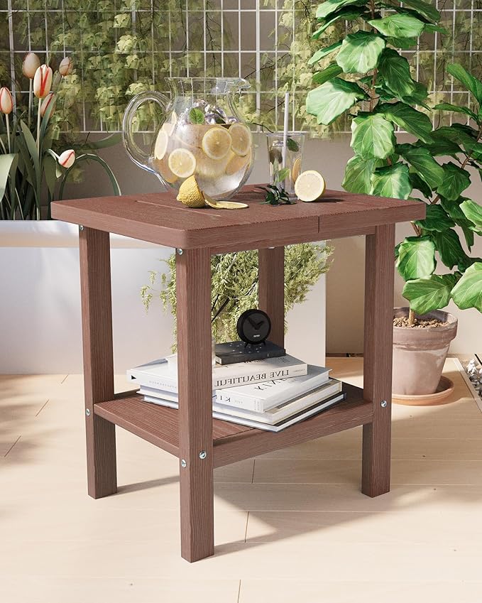 2-Tier Adirondack Square Outdoor Side Table, Pool Composite Patio Table, Weather Resistant End Table for Patio, Backyard, Pool, Easy Maintenance - Brown