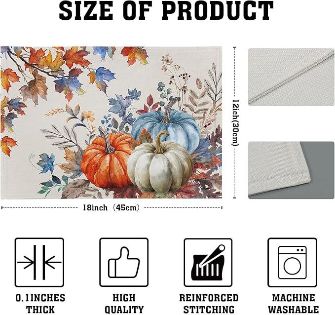 Fall Placemats Set of 4, 12 x 18 Inch Blue and Orange Pumpkin Fall Maple Leaves Washable Heat Resistant Rectangle Place Mat Thanksgiving Decor Table Mats for Seasonal Kitchen Dining