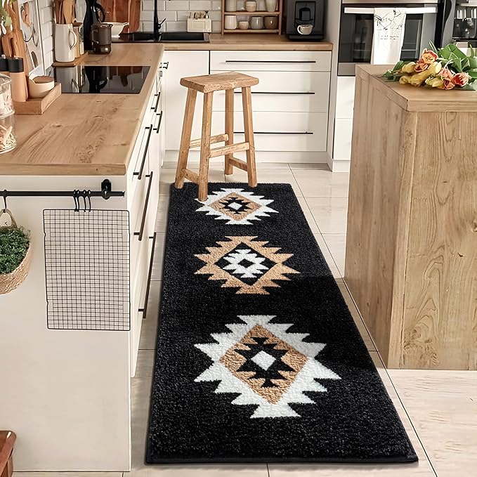 DEXDE Boho Bathroom Runner Rugs 20x72, Long Bath Mats for Bathroom Bedroom Hallway Kitchen Luxury Soft Absorbent Large Bath Rugs Modern Geometric Carpet Western Farmhouse Carpet, Black White