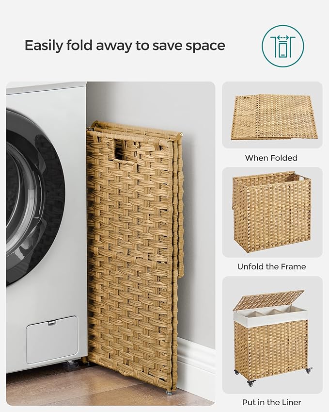 SONGMICS Laundry Hamper with Lid, 37 Gallons (140 L), Rolling Laundry Basket with Wheels, 3-Section Synthetic Rattan, Removable Liner, Bedroom, 26 x 13 x 26 Inches, Natural ULCB363N01