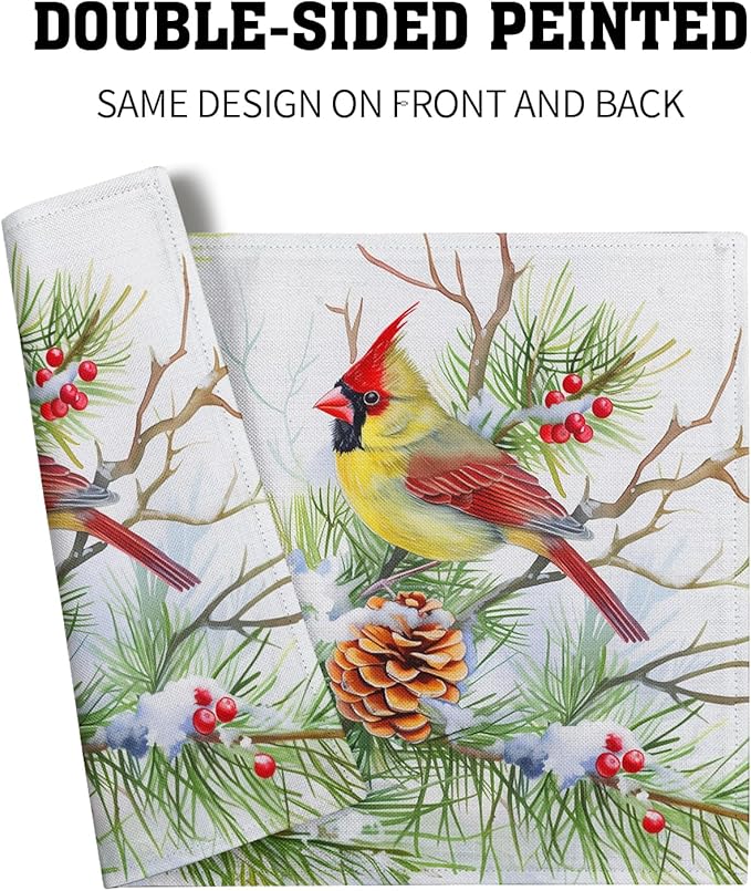 Giwawa Winter Birds Placemats Set of 4, Christmas Tree Holly Berry Pine Cones Place Mat for Kitchen Dining, Xmas Snow Scene Non-Slip Washable Table Mats 12"x18" for Tabletop Holiday Party Decor