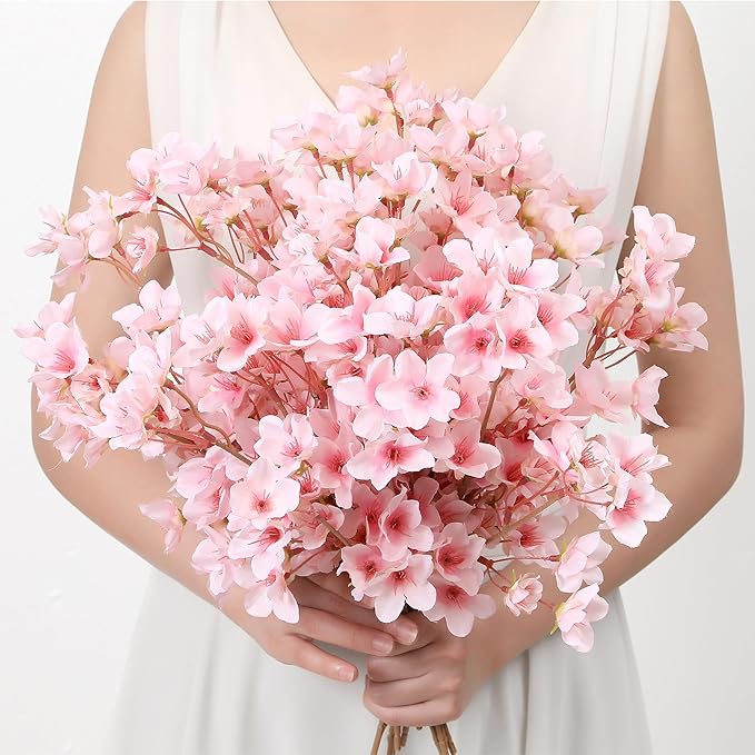 SITUMEIZI 6Pcs Artificial Cherry Blossom Branches Decor Fake Flowers 16" Silk Faux Flowers for Decoration Spring Peach Bouquet Home Wedding Bedroom Party Japanese Garden Table Centerpiece Decor(Pink)