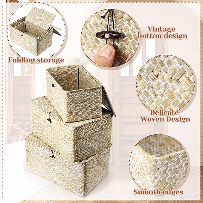 Kigley 6 Pcs Seagrass Basket with Lid Wicker Storage Decorative Boxes with Lids Bin Woven Organizer for Shelf Closet Bedroom, 6 Sizes(Classic Style,White)