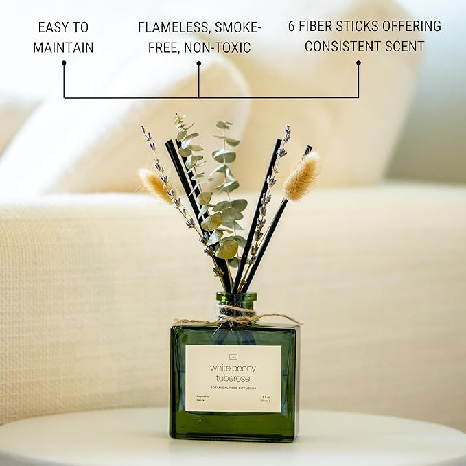 Craft & Kin Reed Diffuser with Dried Flowers | 5 oz White Peony & Tuberose Scented Reed Diffusers for Home, Bathroom | Scent Sticks | Elegant Fragrance Home Decor for Men & Women