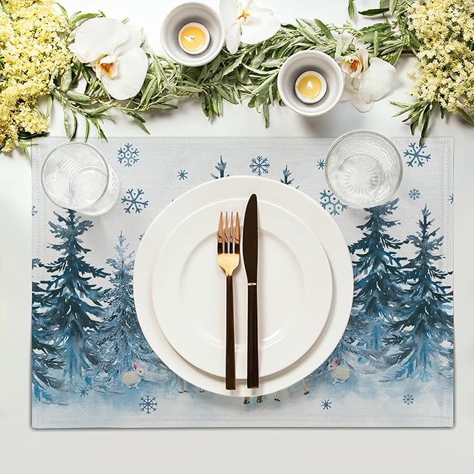 Watercolor Forest Reindeer Placemats Set of 4 - Blue Pine Tree Winter Snowflakes Non-Slip Washable Cloth Place Mats 12 x 18 Inch Reusable Table Mats for Kitchen Dining Holiday Decoration