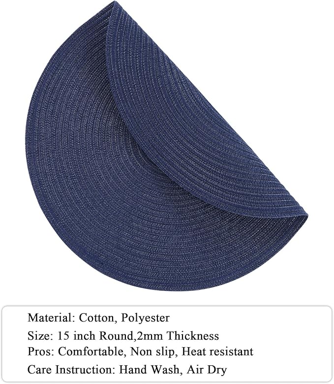 SHACOS Round Placemats Set of 6 Washable 15 inch Circle Cotton Polyester Woven Braided Place Mats for Dining Table Indoor Outdoor Table Mats Home Party Wedding Decor (Navy, 6)