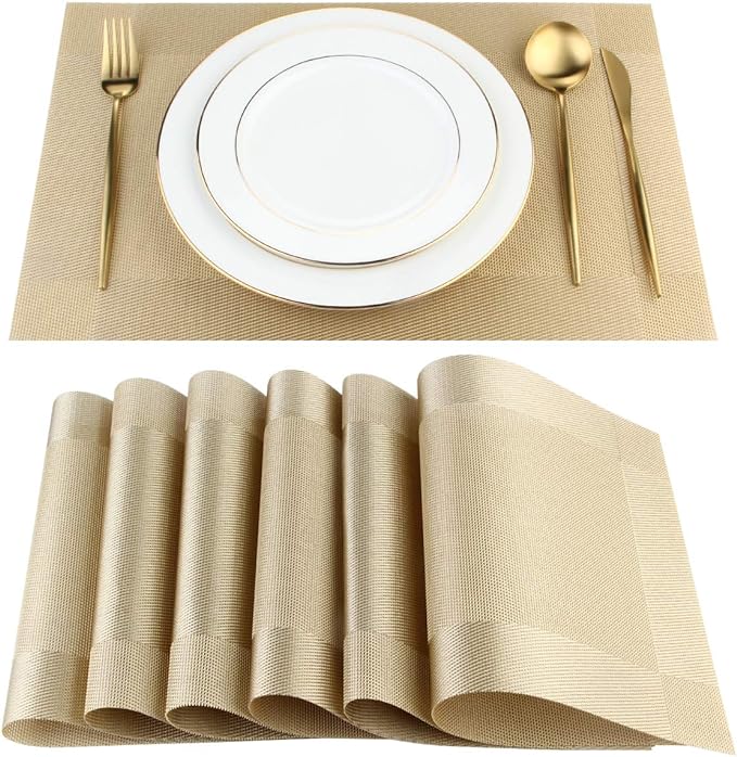 DACHUI Placemats Set of 6, Stylish Woven Place Mats for Dining Table, Washable & Durable PVC Table Mats (Gold)