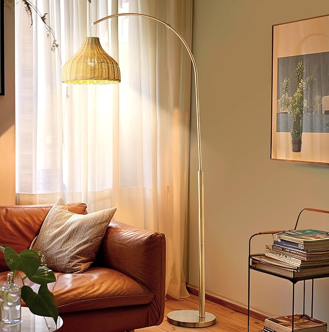 Brightech Lark Arc Lamp for Living Rooms & Offices, Floor Lamp with Unique Hanging Wicker Shade, Standing & Tall for Bedroom Reading, Matches Boho and Other Living Room Decor, Brass