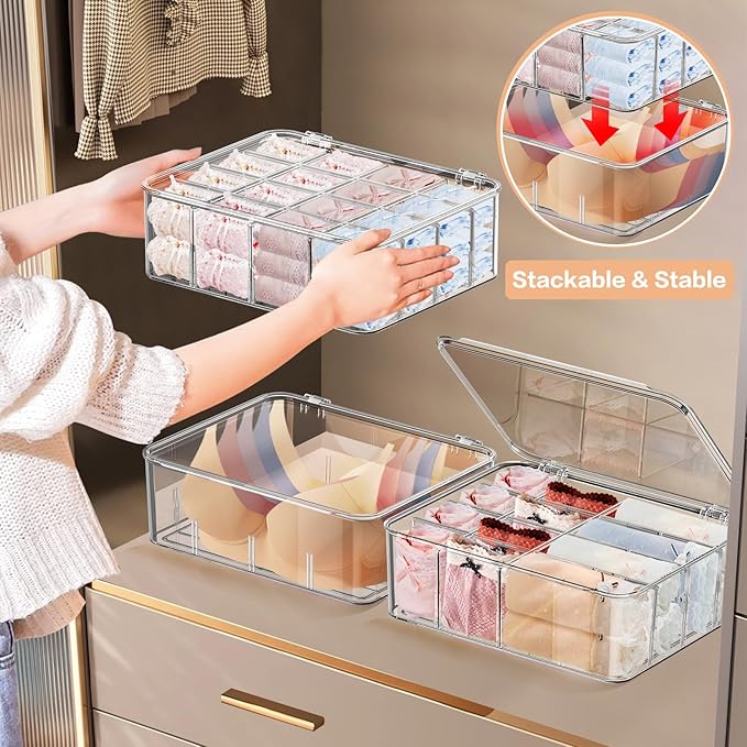 2pcs Sock Underwear Organizer, 16 Compartment Adjustable Dividers Bras Socks Underwear Drawer Organizers for Closet, Clear Plastic Storage Containers Box with Lids for Ties Bra Scarf Socks