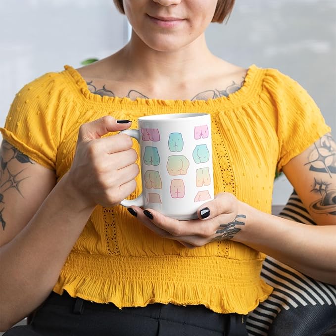 LookHUMAN Kawaii Butt Coffee Mug - Funny Coffee Mugs Adult Humor, Double-Sided Print Ceramic Coffee Cups as Kawaii Gifts, Dishwasher Safe Novelty Coffee Mugs for Women & Men, 15oz