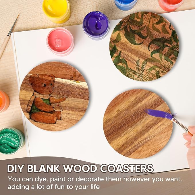 24PCS Wood Coasters Round Wooden Coasters for Drinks Coffee Table with Non-Slip Pad Acacia Cup Coasters for Coffee Home Kitchen 4 Inch Round