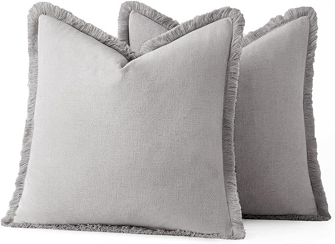 MIULEE Decorative Throw Pillow Covers Neutral Linen Fringe Throw Pillows Set of 2 Light Grey Boho Farmhouse Cushion Covers with Tassels for Couch Sofa Bed Living Room Spring Home Decor 20x20 Inch
