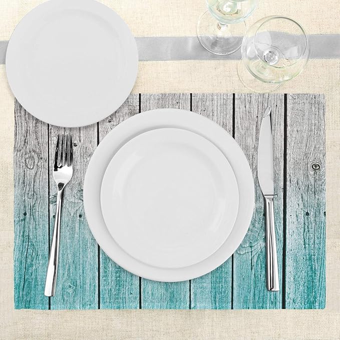 Ambesonne Rustic Place Mats Set of 4, Wood Panels Background Digital Tones Effect Country House Art Image, Washable Fabric Placemats for Dining Table, Standard Size, Teal Grey
