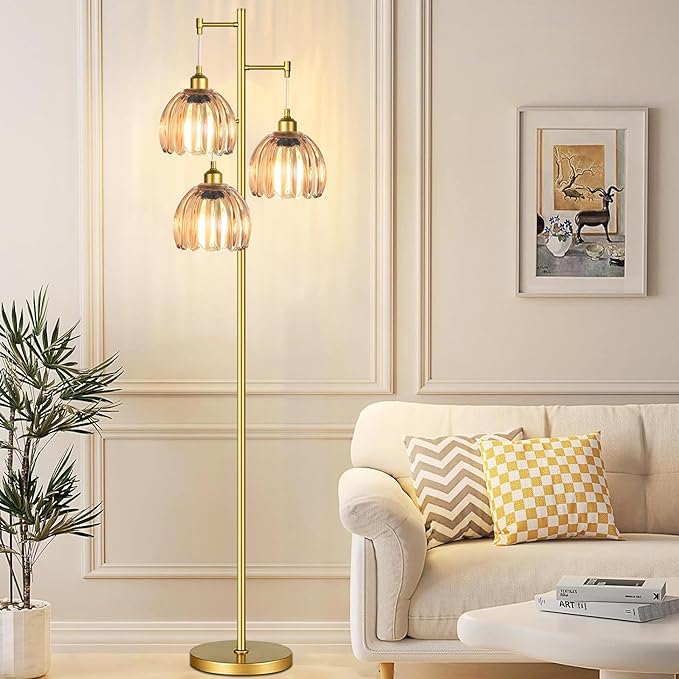 Gold Floor Lamp for Living Room Bedroom,3 Lights Mid Century Modern Floor Lamps with Flower Glass Shades,68IN Tall Standing Lamp with Bulbs,Vintage Tree Floor Lamp for Corner Office Reading