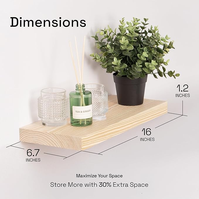 BAOBAB WORKSHOP Wood Floating Shelves for Bathroom Wall - Rustic Shelf 16 inch - Floating Wooden Shelves for Bedroom Kitchen Living Room - Natural Wood Shelves - DIY, 16 x 6.7 Inch, Set of 2
