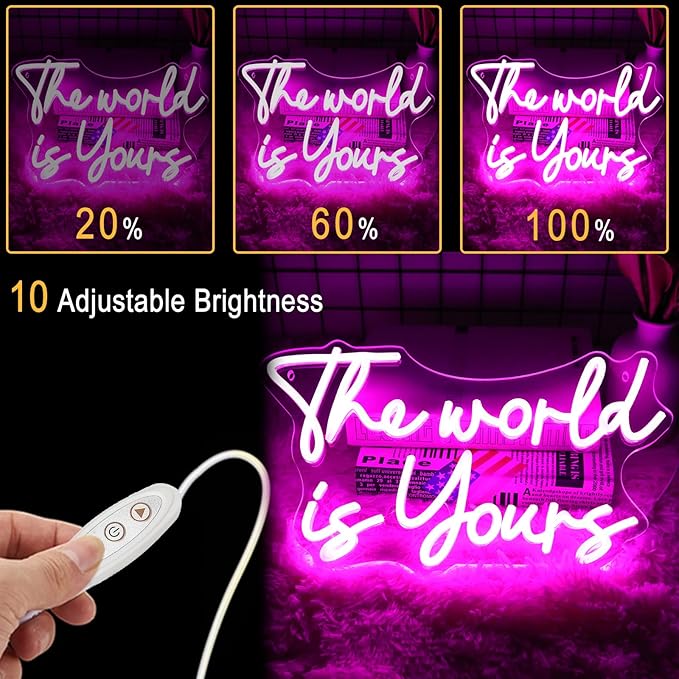 Neonwall The World Is Yours Neon Signs, Pink Led Neon Light for Wall Decor,Light Up Sign for happy birthday, Wedding, Engagement,USB Powered Led Neon Signs for Bedroom Decor 22 x 13'' (Pink)