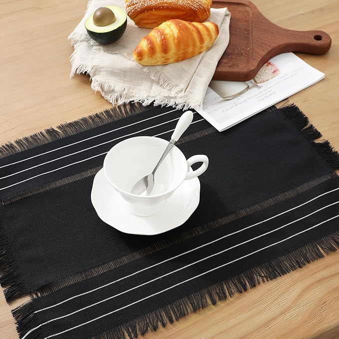Chassic Rustic Placemats Set of 6, Washable Linen Cloth Place Mats, Woven Dinner Mats for Kitchen, Dining, Party, Wedding and Daily Table Decor - Black