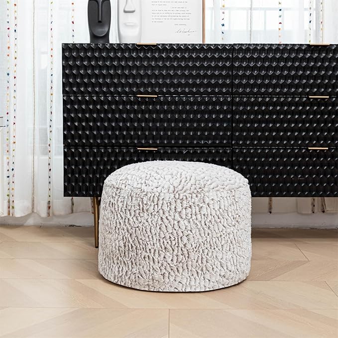 Asuprui Pouf Ottoman Stuffed Round Poof Ottoman Seat Foot Stool with Filler 20x20x12 Inches Fuzzy Chair Floor Pouf Chair Foot Rest with Storage for Living Room Bedroom Snow Coffee Pouf with Filler