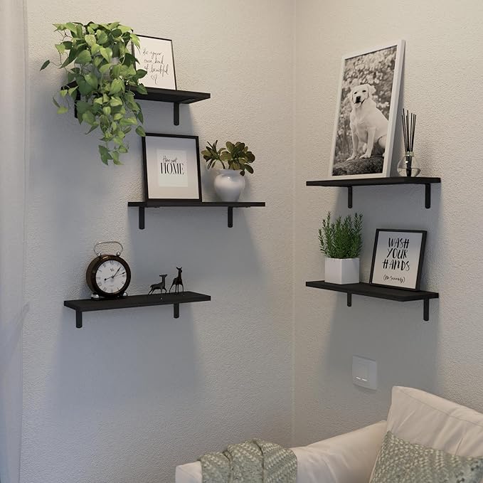 Floating Shelves, 5 Sets Wall Shelves, Wood Floating Shelves for Bedroom Wall Décor, Wall Mounted Floating Bathroom Shelf for Storage, Floating Book Shelf, Living Room – Black