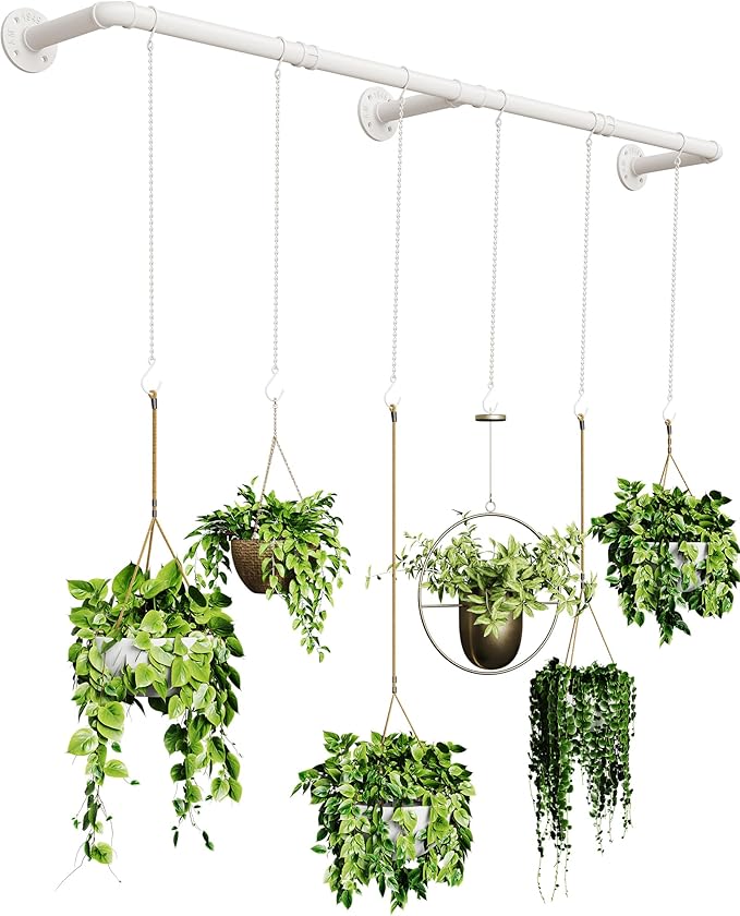 Plant Hanger Indoor, Hanging Planters for Indoor Plants with 6 Hanging Chains, Wall Plant Hanging Rod for Window Ceiling, 65 Inch, Metal/White, Pots Not Included