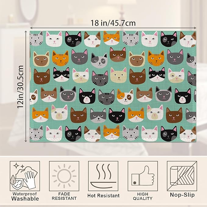 Cute Cat Placemats Set of 6, Waterproof Non-Slip Washable Table Mats Set for Kitchen Dining Holiday Party Wedding Decor 12x18 Inch
